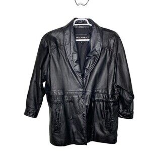 Vintage Wilson Leather Coat Black Lined Snaps Tie Waist Pockets Vents Woman L
